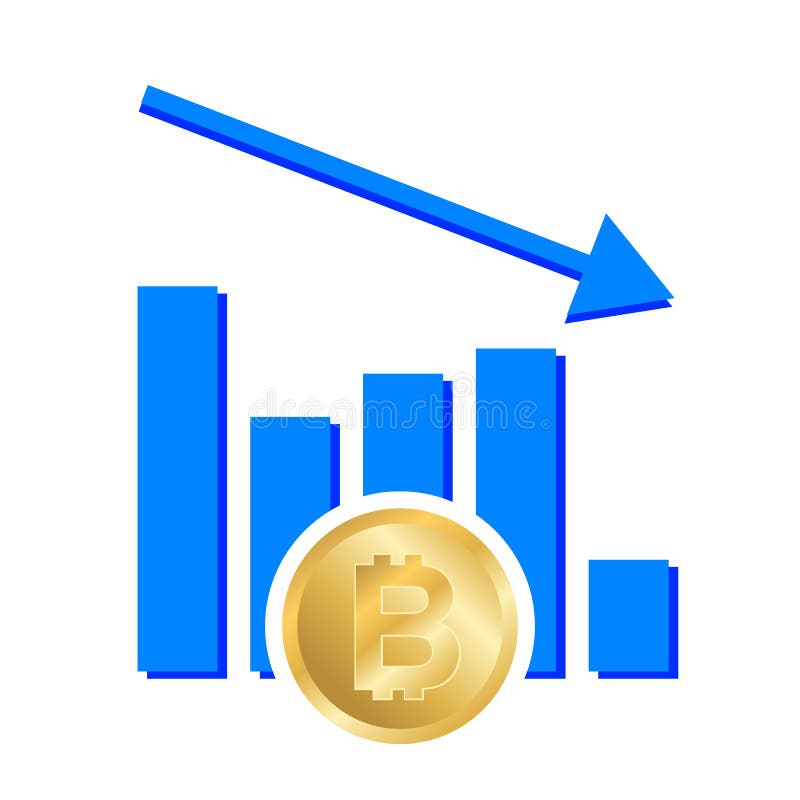Vector Illustration. Graphic decrease bitcoin. Rise fall down currency. Finance. Coin decrease vectors