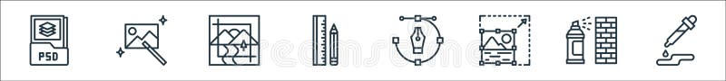 Graphic design line icons. linear set. quality vector line set such as color selection, graffiti, photo editing, pen tool, drawing royalty free illustration