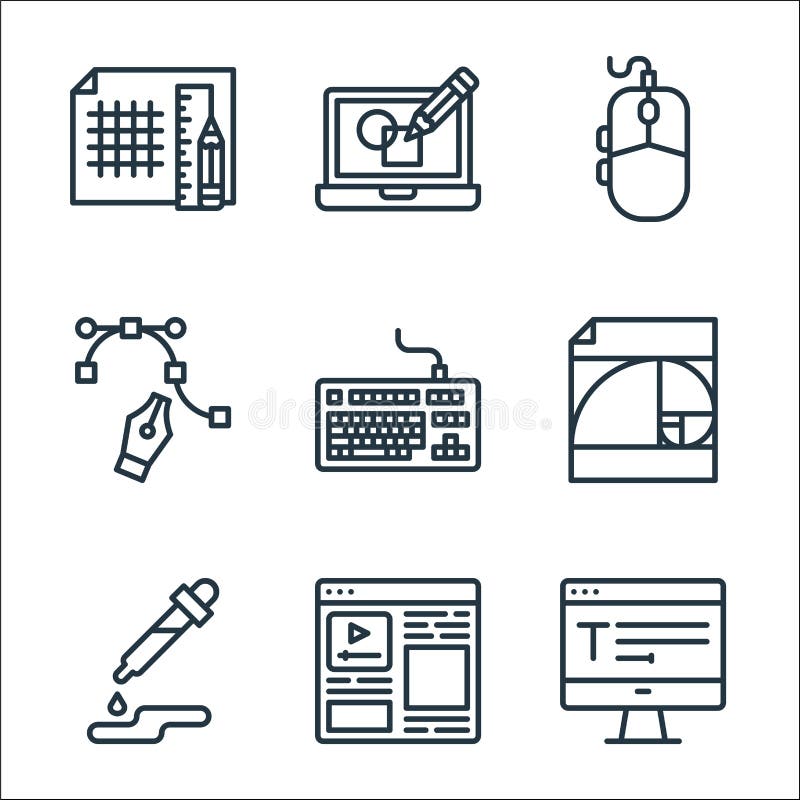 Graphic design line icons. linear set. quality vector line set such as typography, layout, color selection, golden ratio, keyboard vector illustration