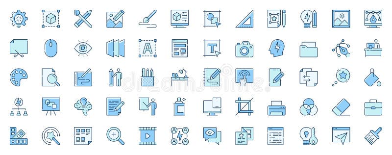Graphic design web icons set in line design. Duotone pictogram pack of idea, modelling, paintbrush, drawing, computer prototype royalty free illustration