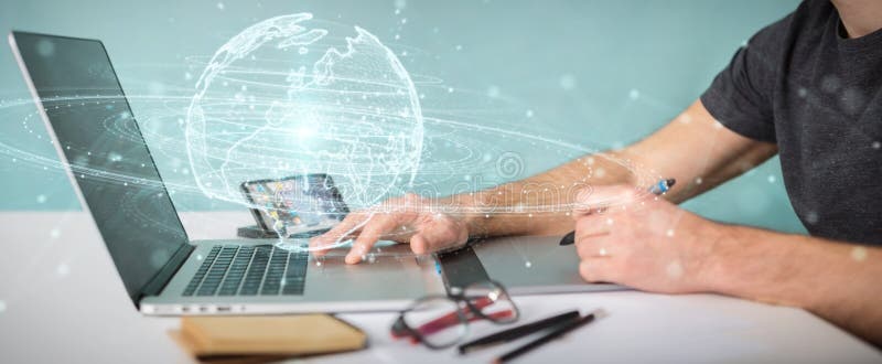 Graphic designer using globe network hologram with Europe map 3D rendering stock illustration Graphic designer using globe network hologram with Europe map 3D rendering stock illustration