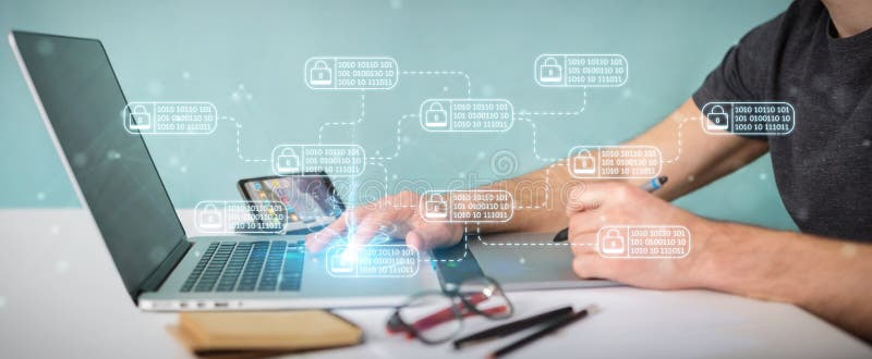 Graphic designer protecting his datas with thin line security interface royalty free illustration Graphic designer protecting his datas with thin line security interface royalty free illustration