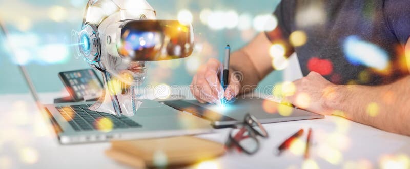Graphic designer using virtual reality and artificial intelligence 3D rendering royalty free illustration