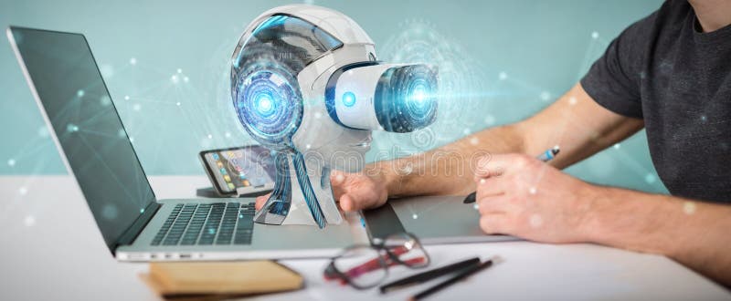 Graphic designer using virtual reality and artificial intelligence 3D rendering vector illustration