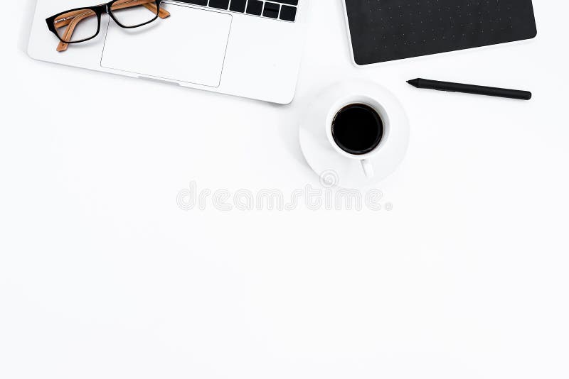 Graphic Designer white work table with computer, cactus, coffee, phone and pen for hard work in the morning with top view. Desk t
