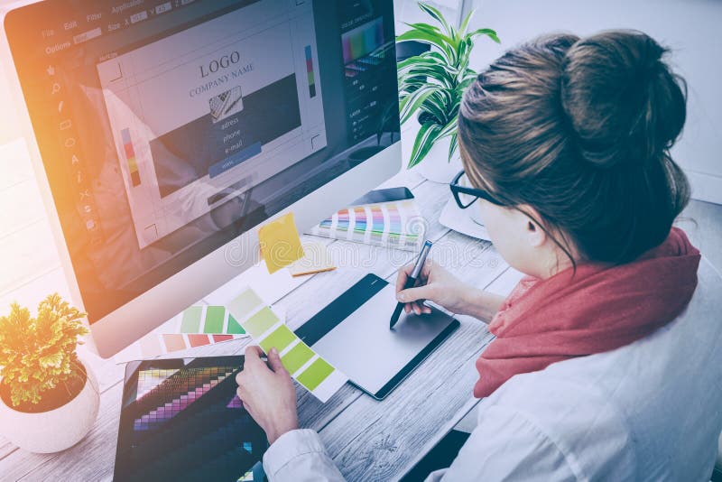 Graphic designer at work. Color samples. royalty free stock images Graphic designer at work. Color samples. royalty free stock images