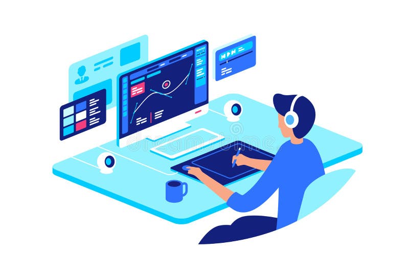 Graphic Designer at Work with Hightech Equipment. Stock Illustration