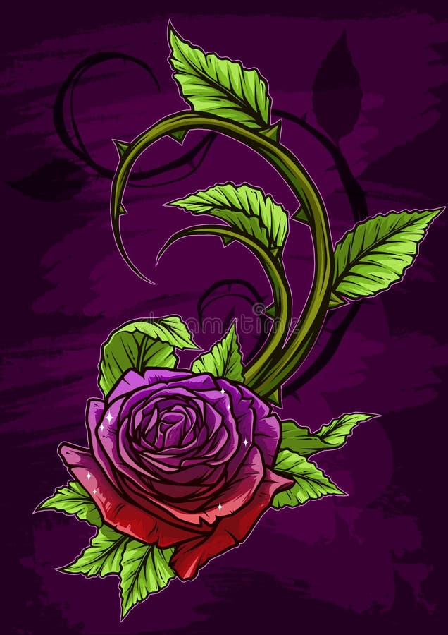 Graphic detailed cartoon violet rose with stem