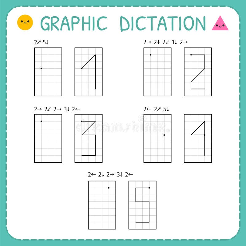 Graphic dictation. Numbers 1-5. Kindergarten educational game for kids. Preschool worksheet for practicing motor skills. Working