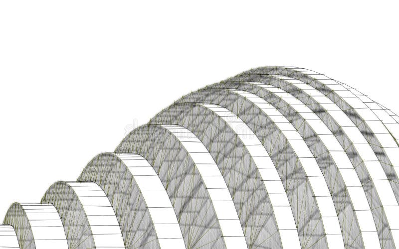 Abstract architecture background pencil graphic drawing curved building elements 3d illustration. Graphic drawing of a fragment of a building from arched structures on a white background 3d object