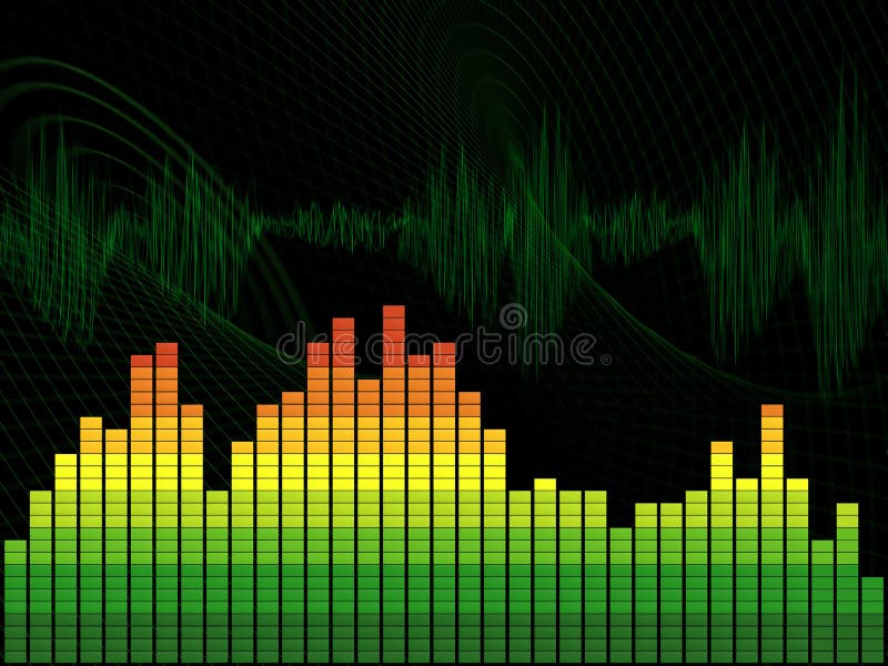 Graphic equalizer on green abstract background. The schedule displays dynamic change of sound frequencies