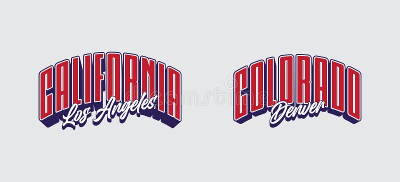 This graphic features two distinct text-based logos side-by-side on a light grey background. The left logo displays 'CALIFORNIA' in large, bold, red, arched lettering with a dark blue outline and shadow, with 'Los Angeles' written below in a stylized white script font. The right logo mirrors this style with 'COLORADO' in similar red arched lettering, and 'Denver' below in white script. The design evokes a sense of regional pride or comparison between these two major US locations. Logo comparison vectors