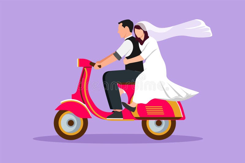 Graphic flat design drawing happy married couple riding motorcycle. Man driving scooter and woman are passenger while hugging wearing wedding dress. Driving safely. Cartoon style vector illustration