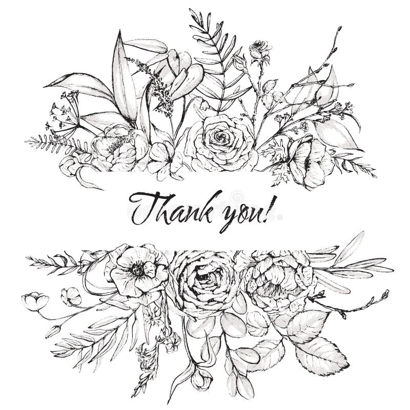 Graphic floral illustration - black & white inked flowers border / frame / header