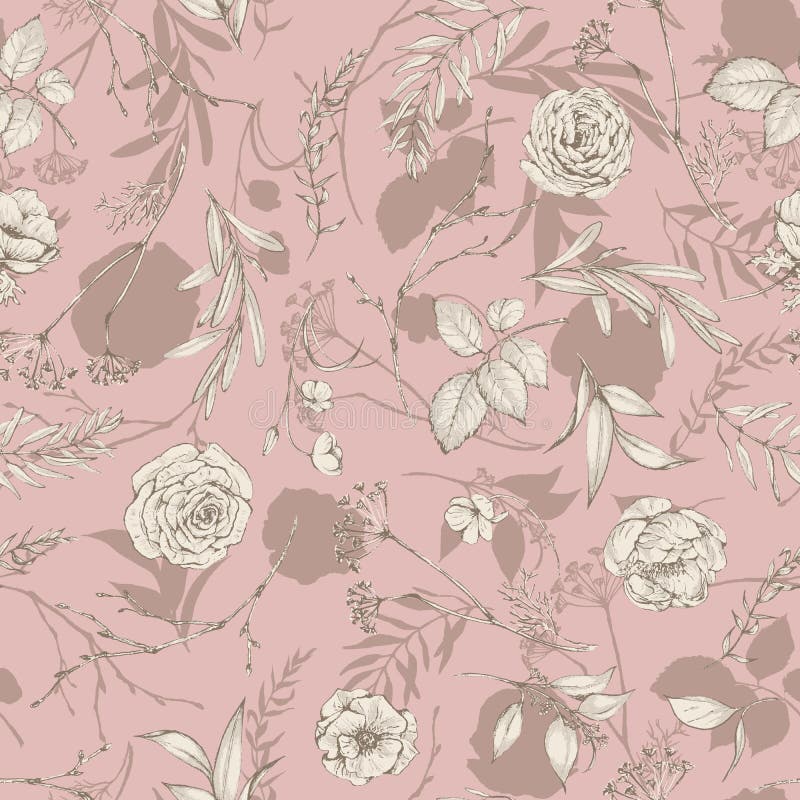 Graphic floral seamless pattern - flowers and leaves isolated elements on pink background vector illustration