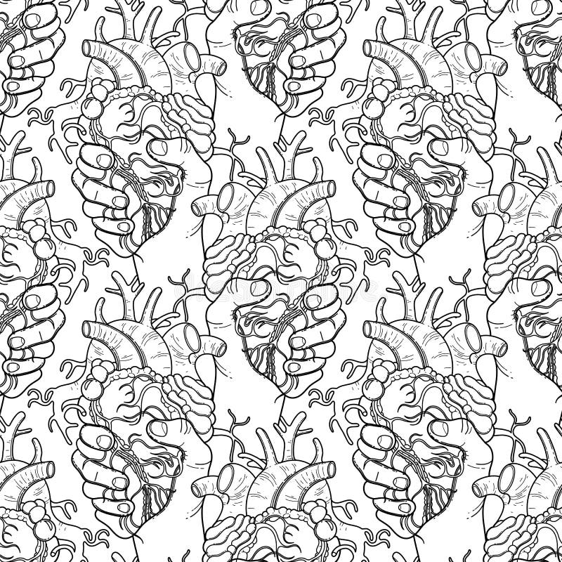 Graphic hands grasping human heart. Vector seamless pattern. Coloring book page design for adults and kids. Graphic hands grasping human heart. Vector seamless pattern. Coloring book page design for adults and kids