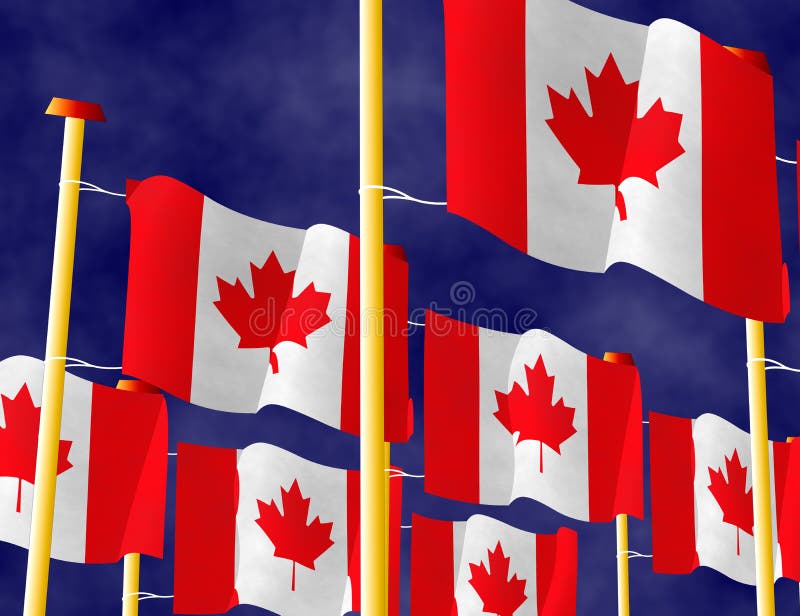 Illustration of Flying Canadian Flags on the Flagpoles Stock