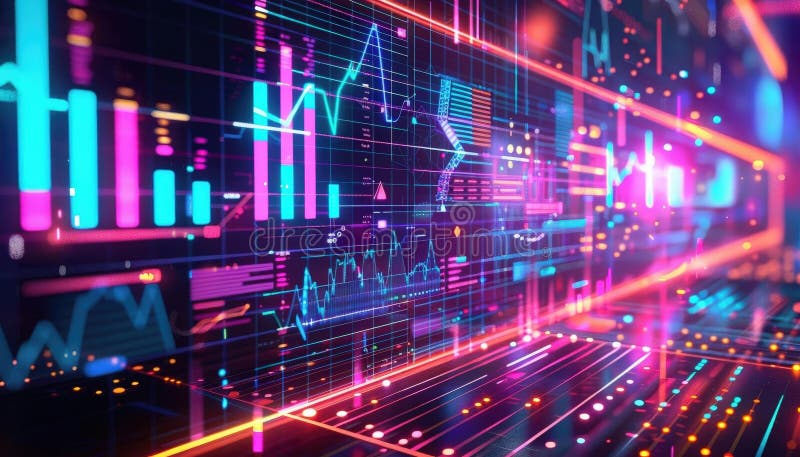 Graphic of Illustration of futuristic data management showcasing neon graphs and charts on a hitech abstract background stock illustration