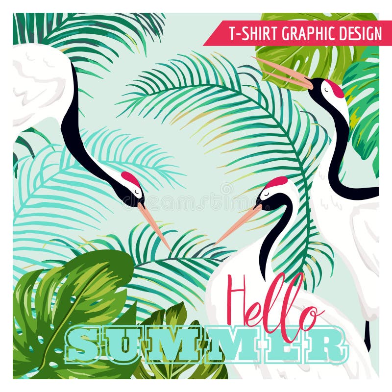 Graphic Illustration of Japaneese Cranes and Tropical Flowers for T-shirt design, Fashion prints, Banner, Flyer