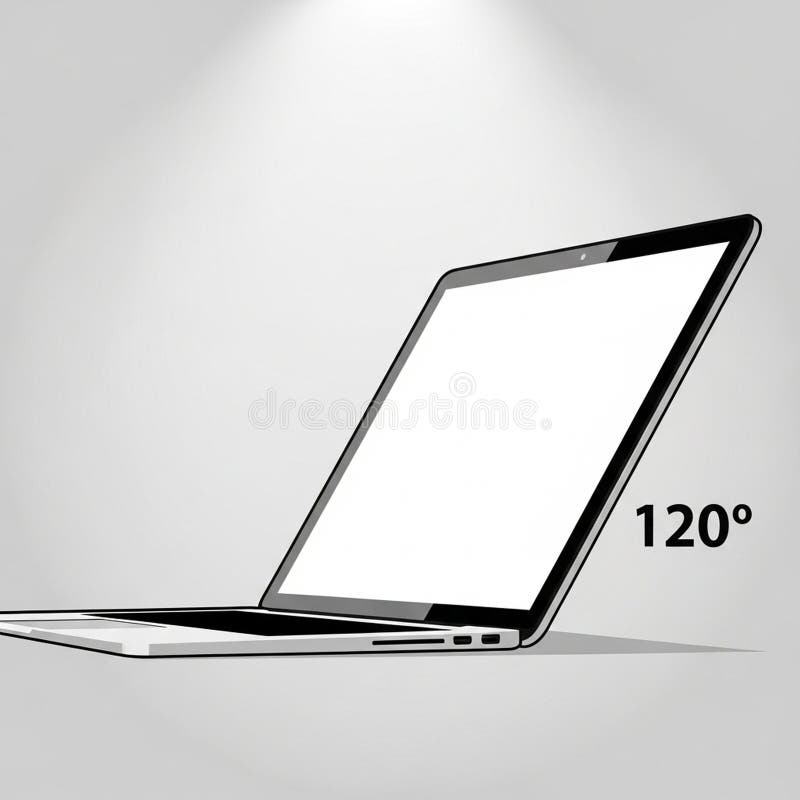 A graphic illustration of a laptop displayed at a 120 degree angle. The design features a clean minimalistic look with a black and white color scheme. The screen is blank and the keyboard is simple with visible ports on the side. The angle measurement is prominently marked on the right side of the image. The background is a light gray highlighting the laptop s sleek and modern design. Laptop side angle illustrations