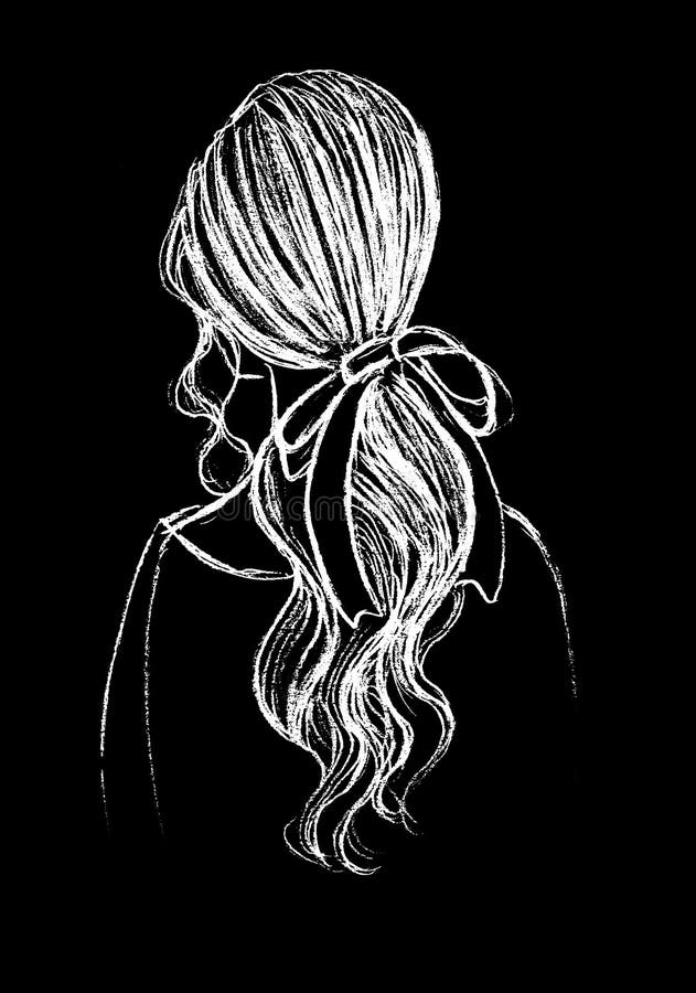 Girl with Long Hair Tied with a Ribbon on a Black Background Stock  Illustration - Illustration of ribbon, white: 216920739