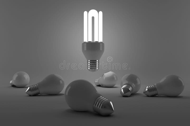 Graphic image of lit energy efficient lightbulb over bulbs vector illustration