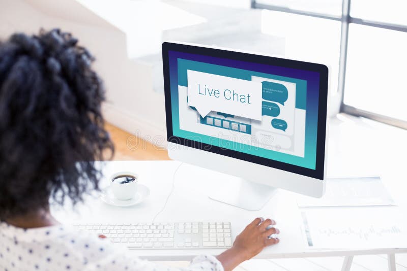 Graphic image of live chat text with speech bubbles against over the shoulder view of woman using computer. Graphic image of live chat text with speech bubbles against over the shoulder view of woman using computer