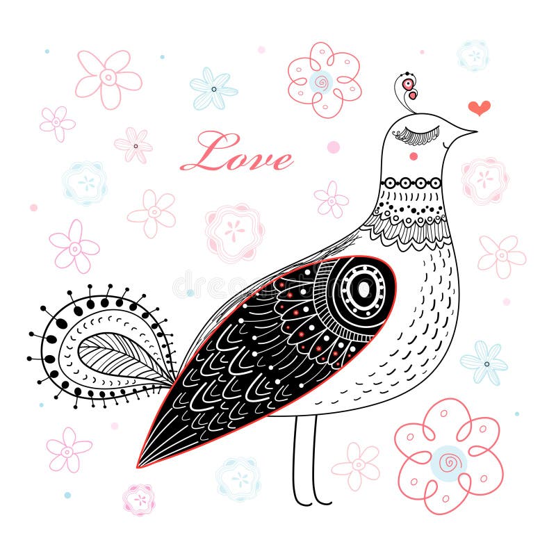 Beautiful decorative bird with his heart on a white background with flowers. Beautiful decorative bird with his heart on a white background with flowers