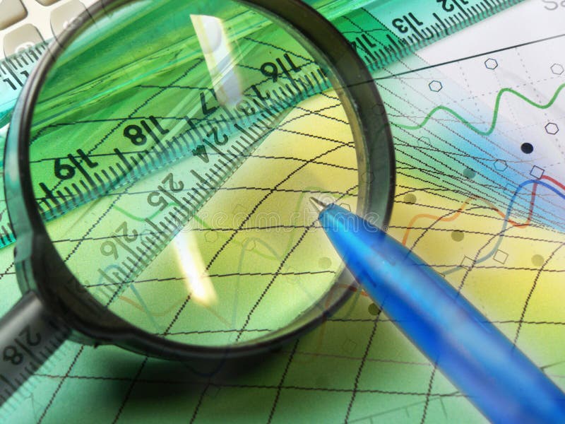 Graphic, magnifier, ruler and calculator, collage royalty free stock photos