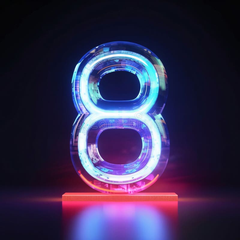 Neon number 8, neon style, 3d render, square Number 8. Graphic numbers: neon number 8, neon style, 3d render, square