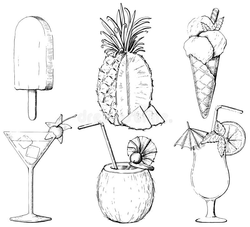 Graphic outline set with three cocktails, two types of ice cream