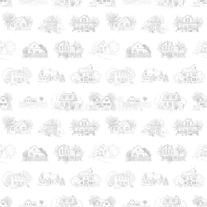 Graphic Outline Sketch Seamless Pattern with Country Houses, Lawns and ...