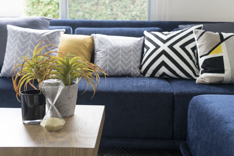 Graphic Pattern Cushion on Blue Sofa Stock Photo Image of design