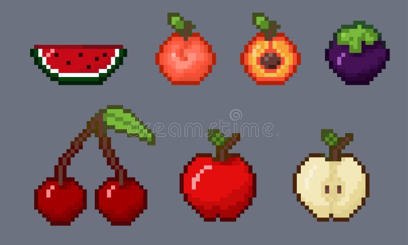 Pixel Art Vector Fruits Set 16x16 Isolated On White Background