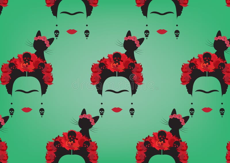 Graphic representation of Frida Kahlo`s background, minimalist portrait with earrings skulls, red flowers and black cat