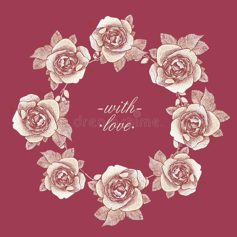 Graphic round frame with roses, love and wedding theme