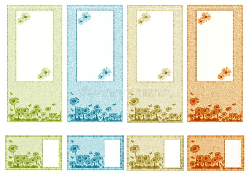 Graphic set of cards with daisies and butterflies in four different colors. Graphic set of cards with daisies and butterflies in four different colors