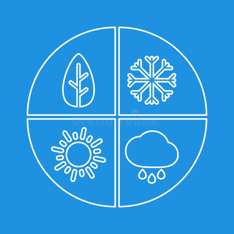 Graphic simple four seasons sign. White flat vector icon isloated on blue background. Winter, spring, summer, autumn - all year r stock illustration Graphic simple four seasons sign. White flat vector icon isloated on blue background. Winter, spring, summer, autumn - all year r stock illustration
