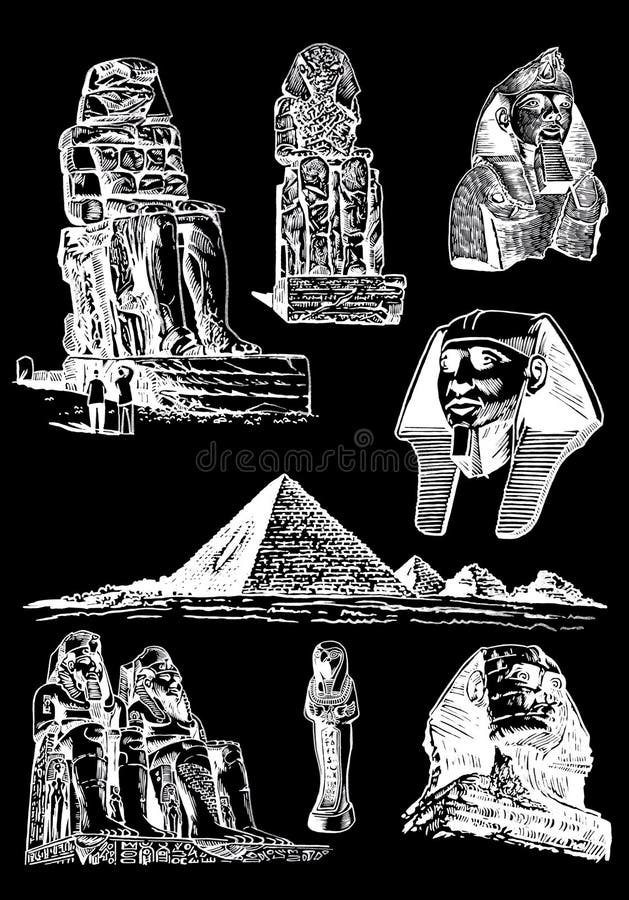 Graphical Big Set Of Egypt Landmarks Isolated On Black, Vector Engraved