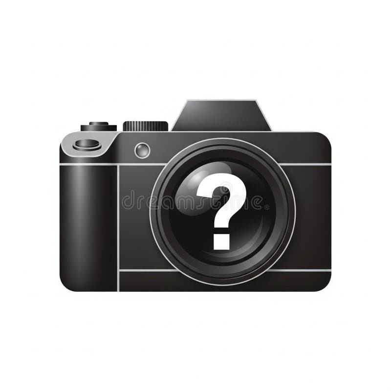 Graphical representation of a black camera with a large lens featuring a white question mark in the royalty free illustration