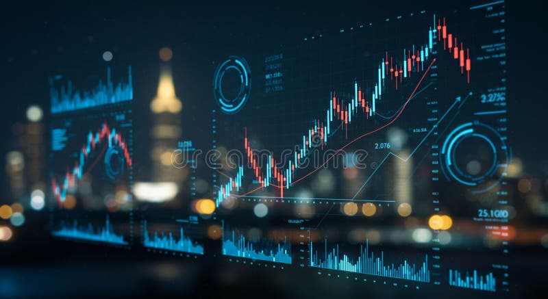 Graphical representation of financial data overlays a blurred cityscape at night royalty free illustration