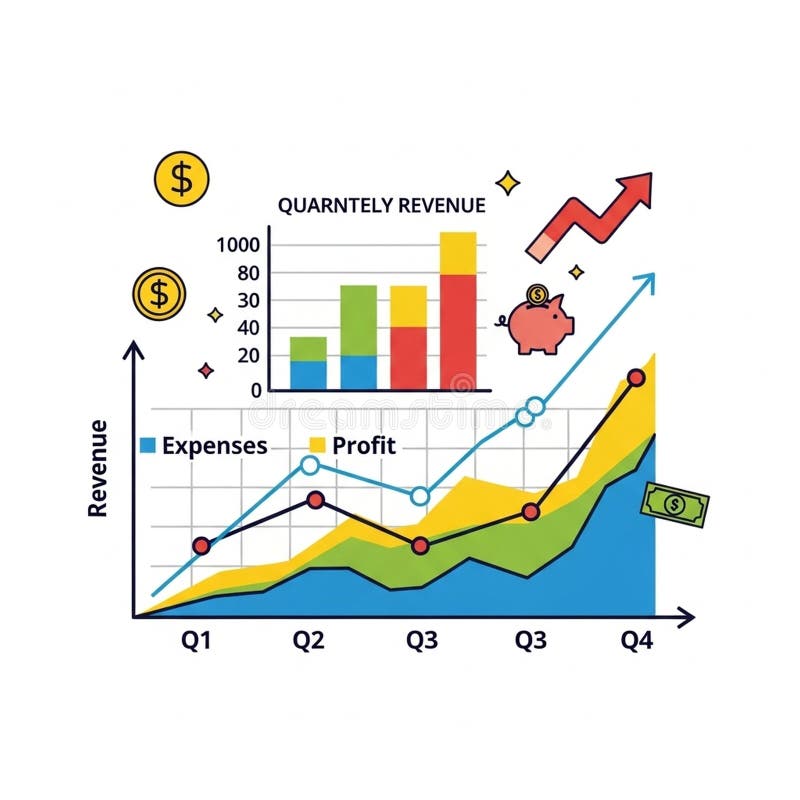 Graphical representation of quarterly revenue data with bar and line graphs royalty free illustration