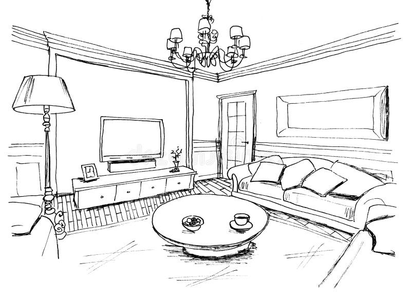 Graphical Sketch Of An Interior Living Room Stock Illustration