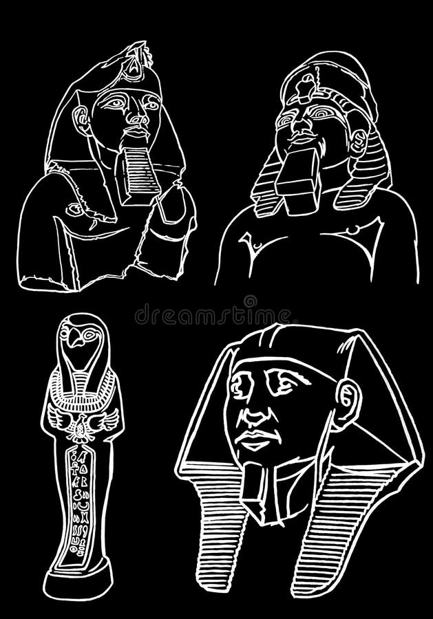 Graphical Sketchy Vintage Set of Egypt Statues of Pharaoh, Vector