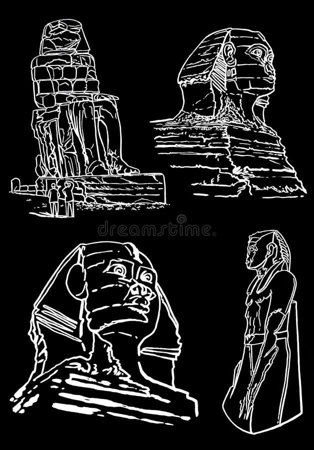 Graphical Sketchy Vintage Set of Egypt Statues of Pharaoh, Vector