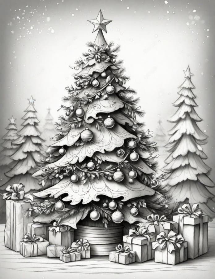 Graphics coloring page with christmas tree stock illustration