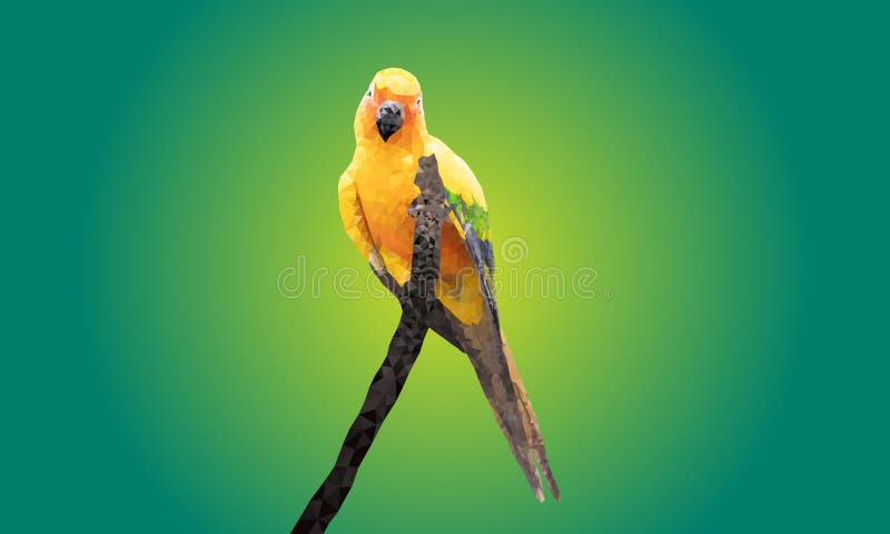Graphics Polygon Image Parrot sitting on a branch isolated on green background vector illustration