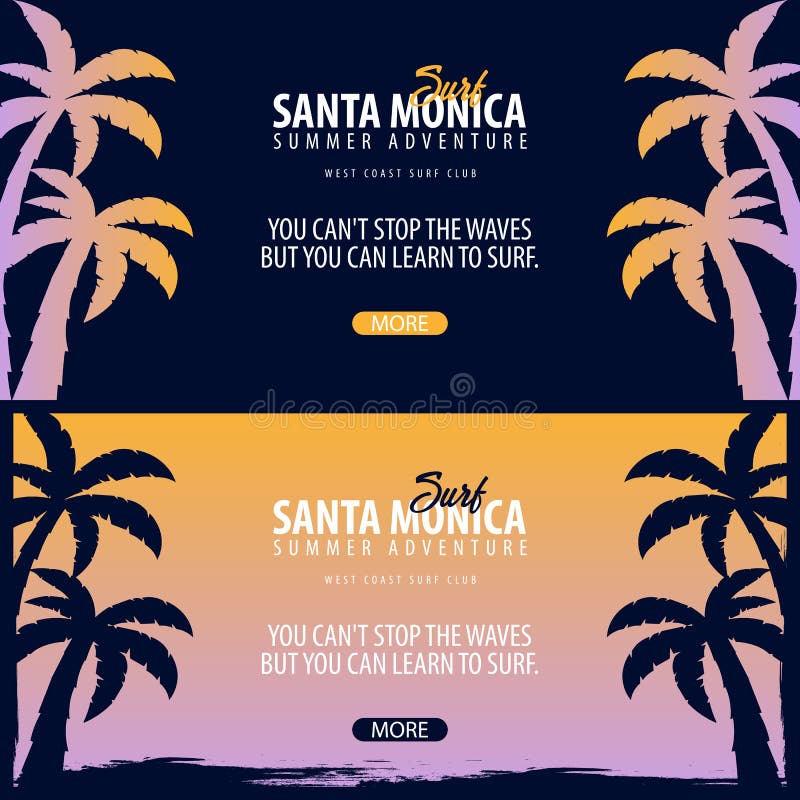 Santa Monica Surfing graphic with palms. Surf club Vector banner. Santa Monica Surfing graphic with palms. Surf club Vector banner