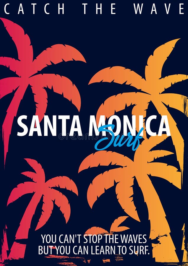 Santa Monica Surfing graphic with palms. T-shirt design and print. Santa Monica Surfing graphic with palms. T-shirt design and print