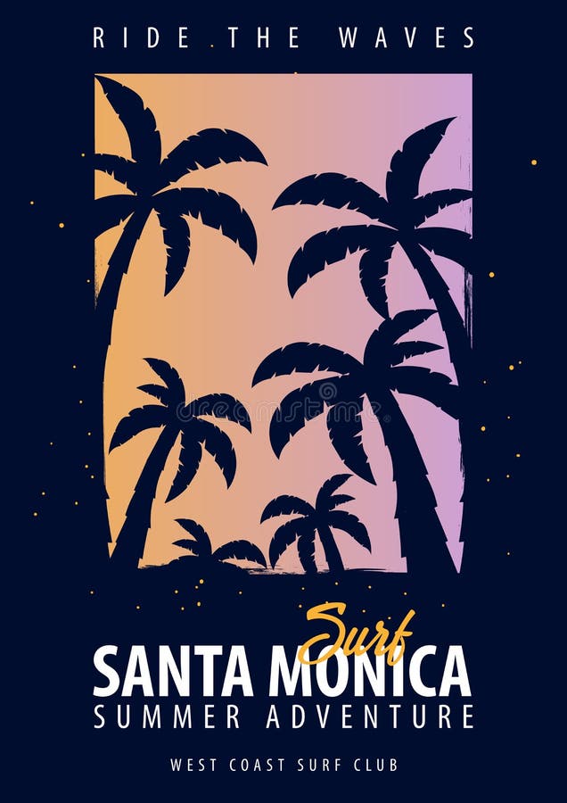 Santa Monica Surfing graphic with palms. T-shirt design and print. Santa Monica Surfing graphic with palms. T-shirt design and print